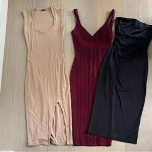 Set of Three Sleeveless Dresses - Nude, Burgundy, Black